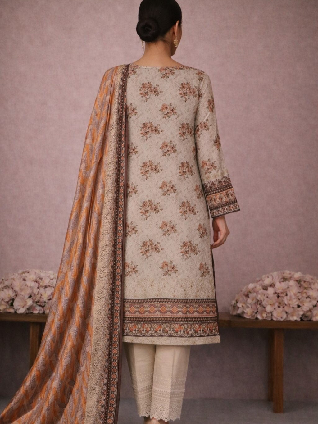 Elegant Printed 3-Piece Unstitched Suit – Soft Beige with Contrast Dupatta