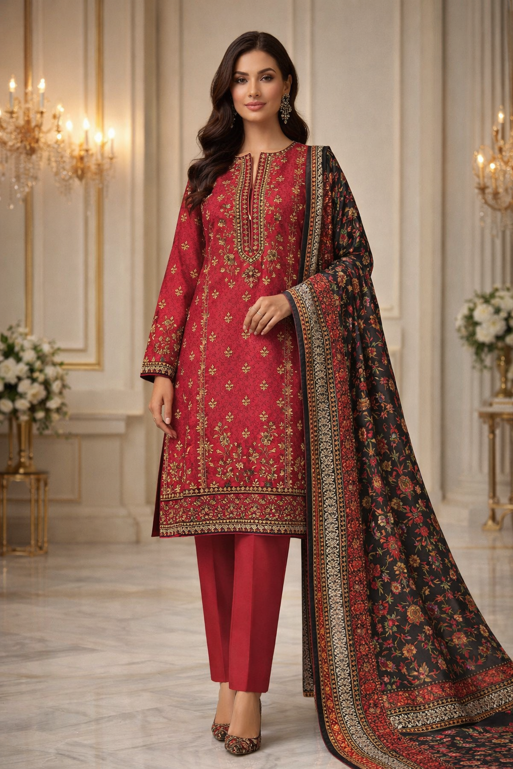 Black Printed 3-Piece Lawn Suit with Contrast Dupatta