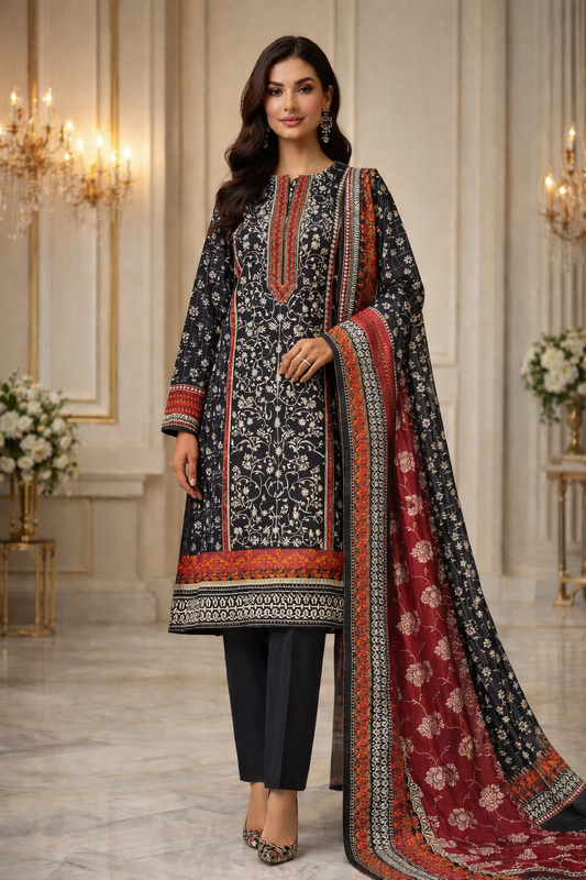 Black Printed 3-Piece Lawn Suit with Contrast Dupatta