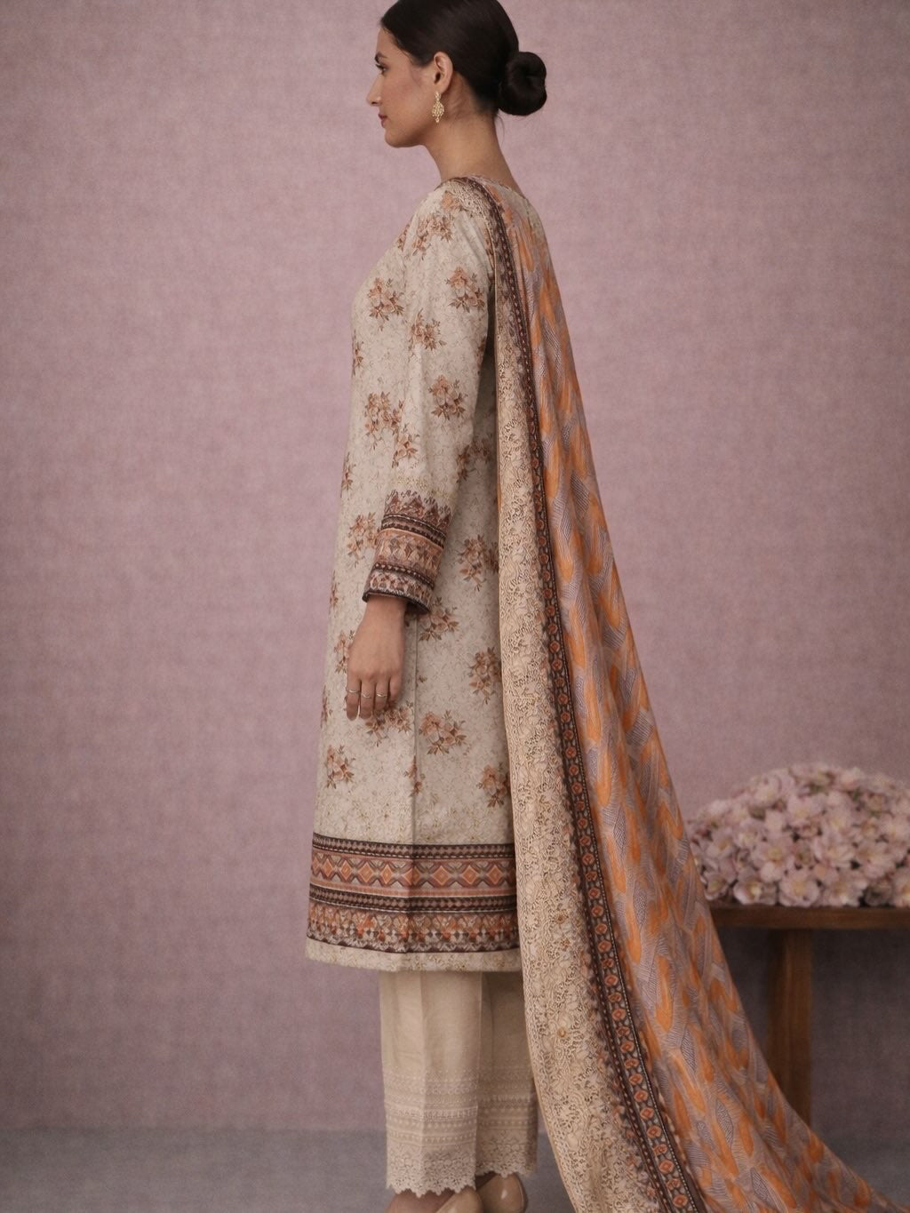 Elegant Printed 3-Piece Unstitched Suit – Soft Beige with Contrast Dupatta