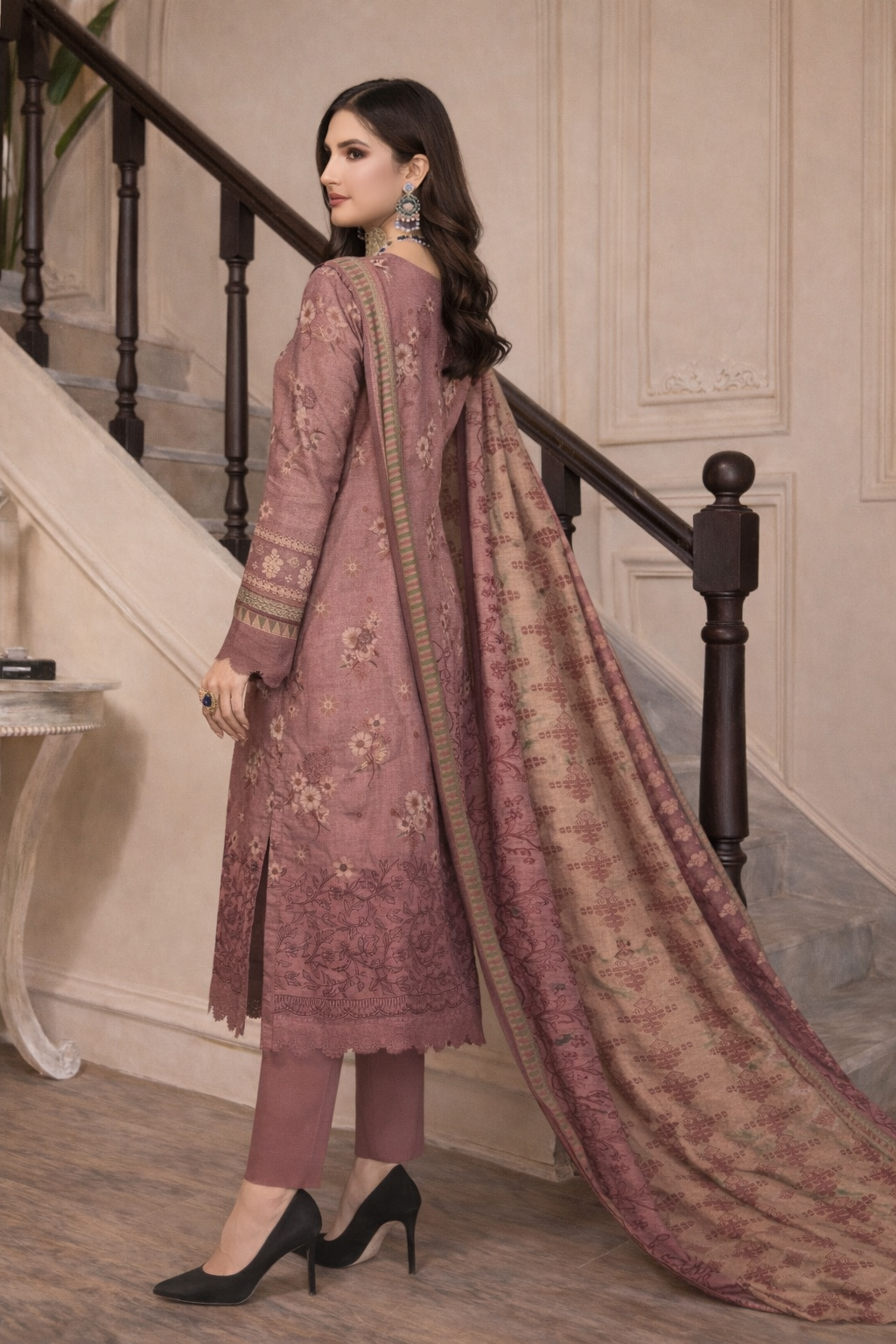 Dusty Rose Floral 3-Piece Unstitched Suit | Winter Collection