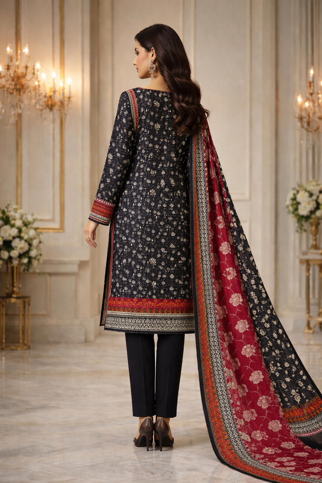 Black Printed 3-Piece Lawn Suit with Contrast Dupatta