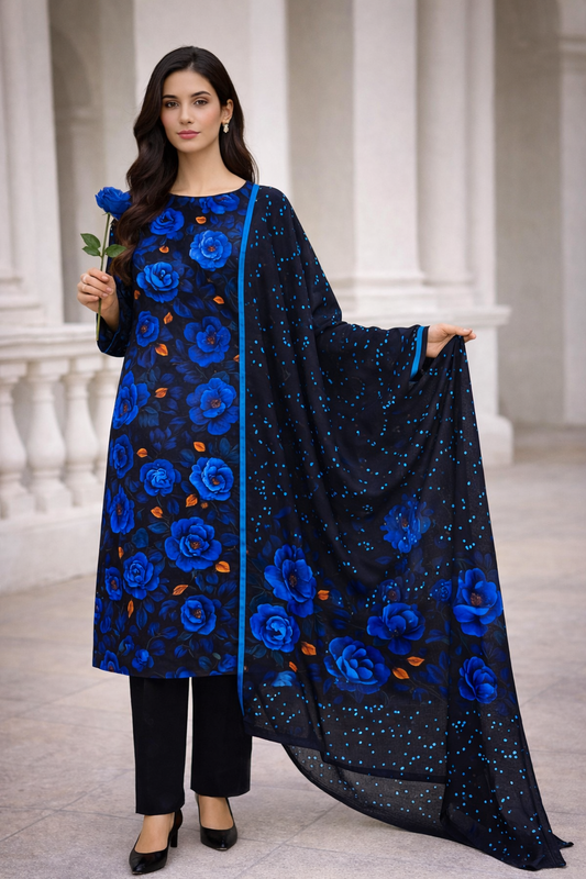 Midnight Bloom – Luxury Printed Kaddar 3-Piece Unstitched Suit