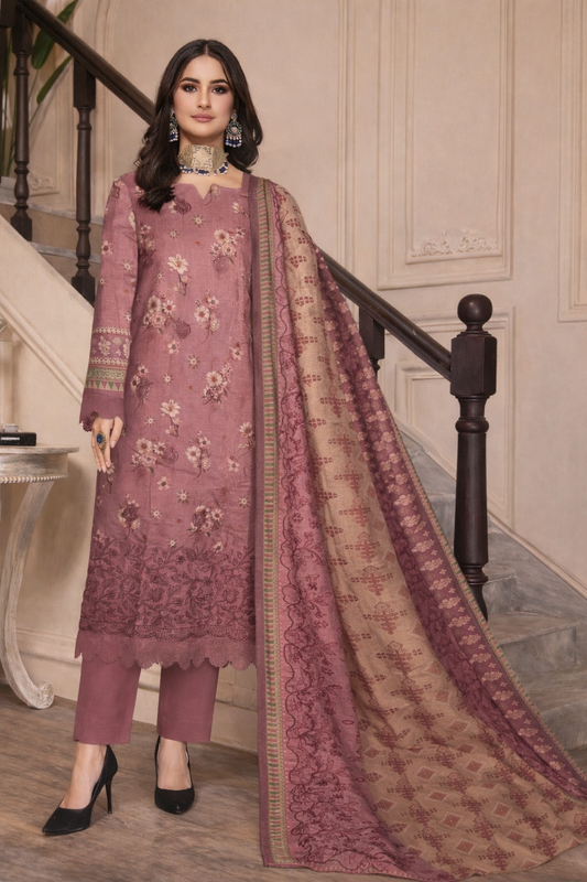 Dusty Rose Floral 3-Piece Unstitched Suit | Winter Collection