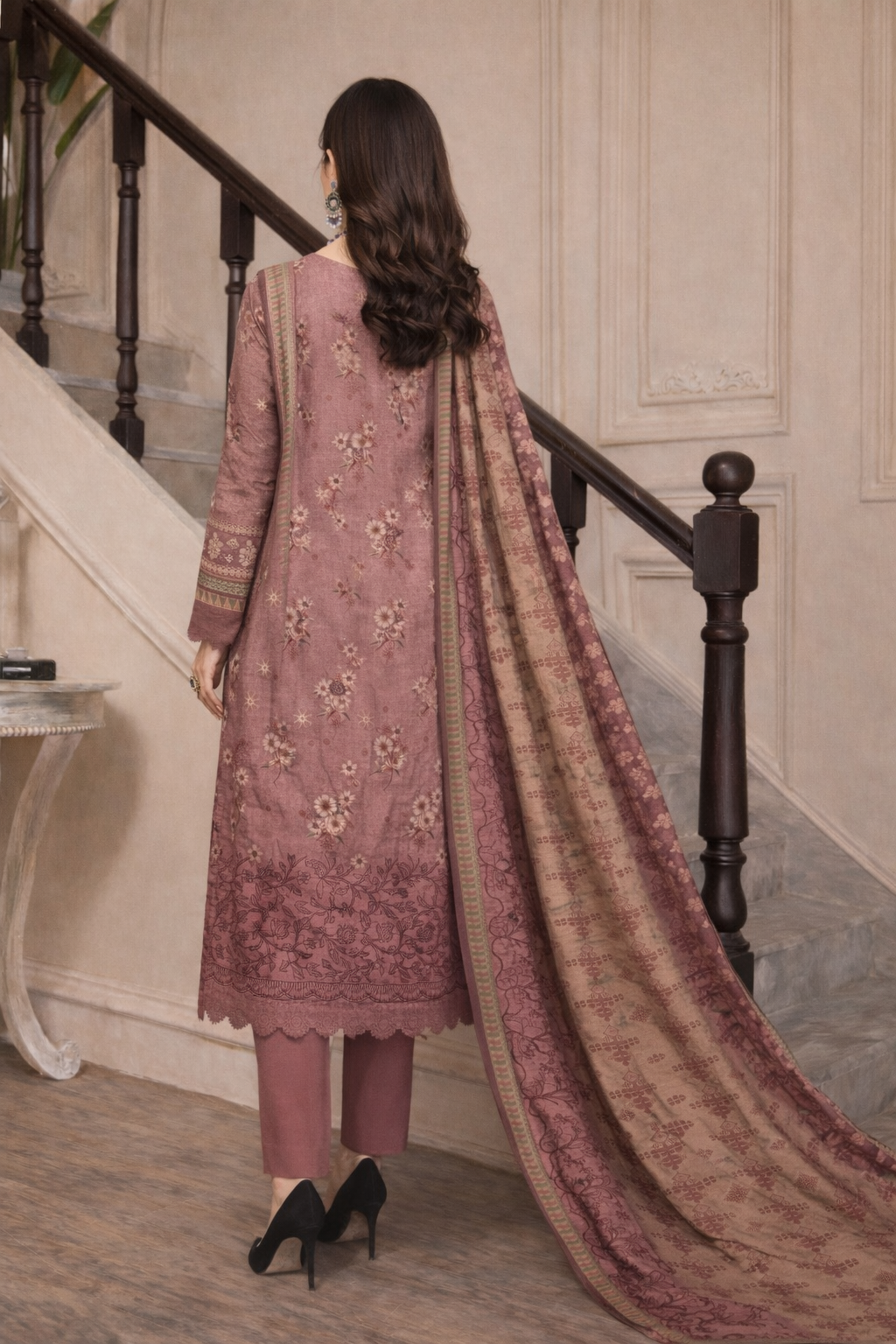 Dusty Rose Floral 3-Piece Unstitched Suit | Winter Collection