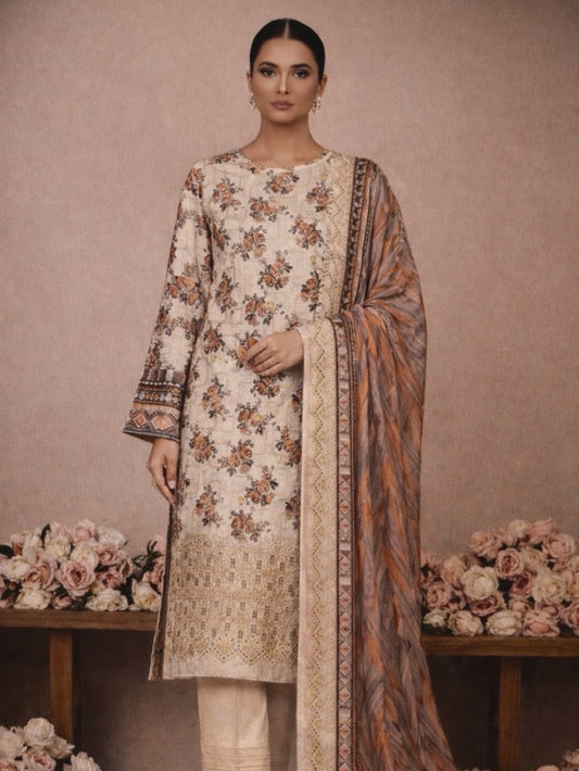 Elegant Printed 3-Piece Unstitched Suit – Soft Beige with Contrast Dupatta