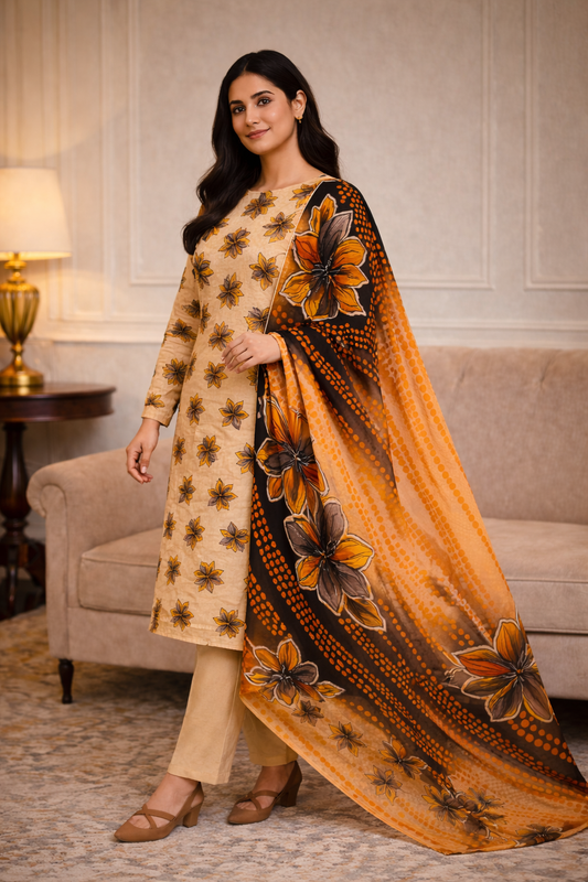 Elegant printed 3-piece suit with premium fabric and statement dupatta. Perfect for everyday luxury wear.