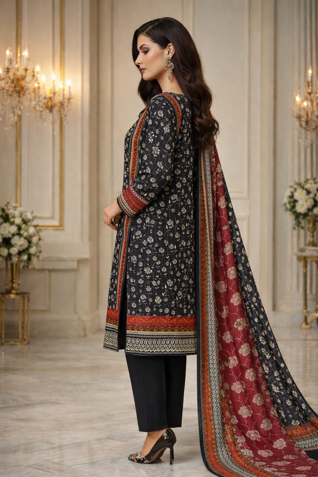 Black Printed 3-Piece Lawn Suit with Contrast Dupatta