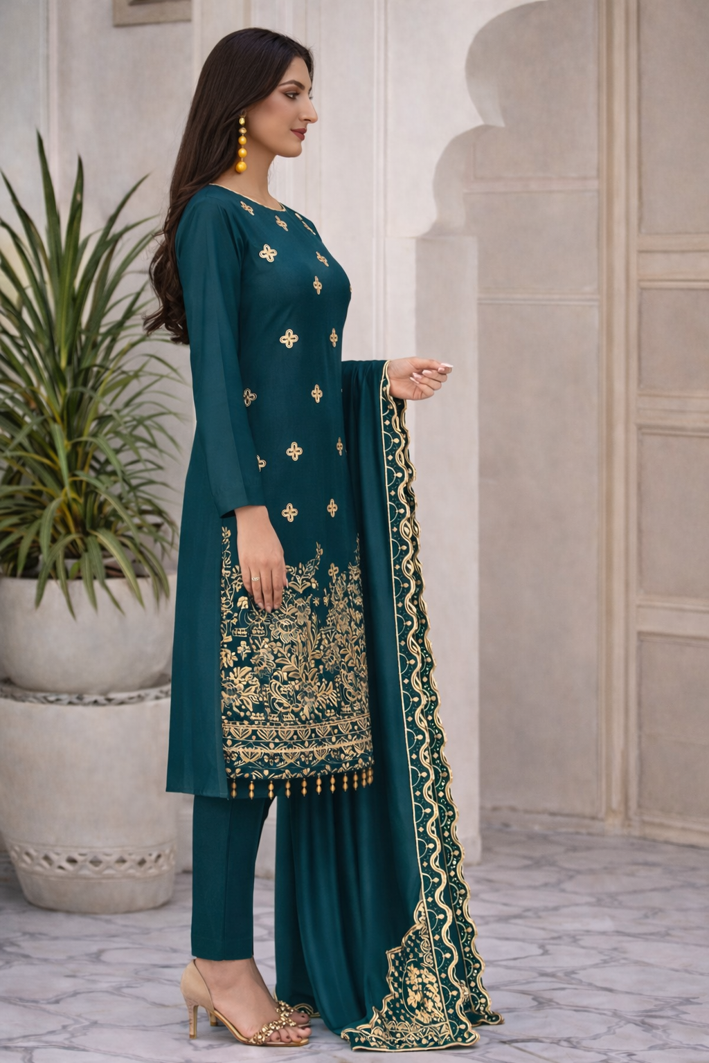 Teal Green Embroidered 3-Piece Suit with Luxury Dupatta