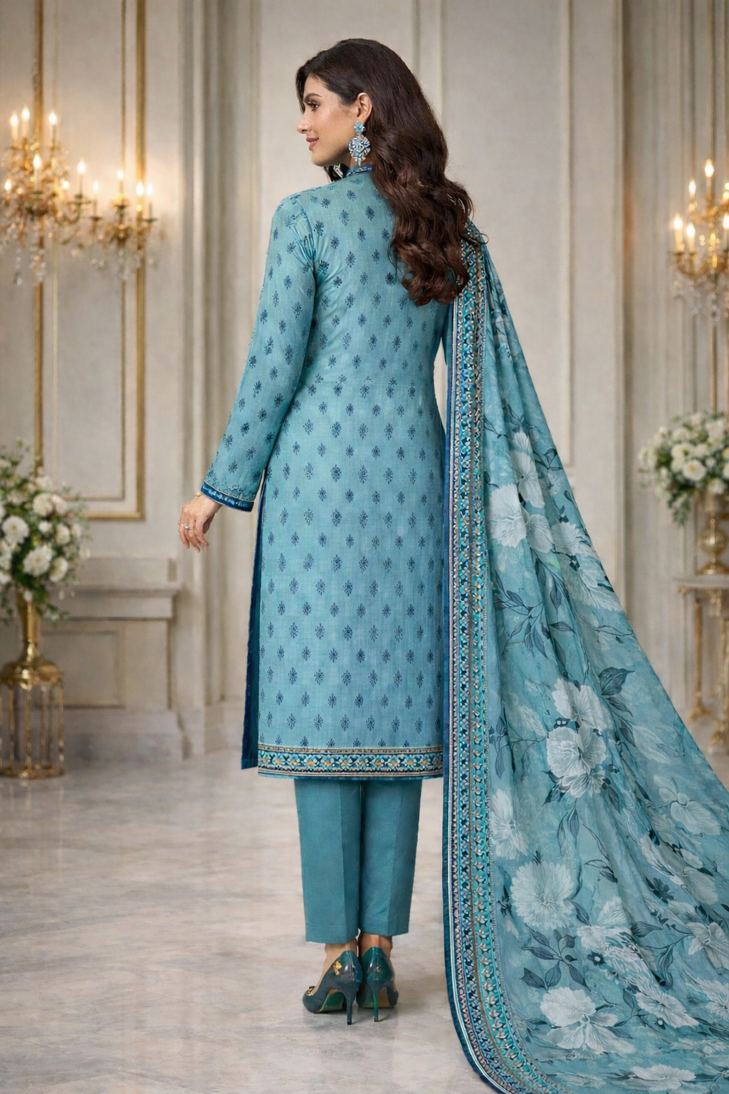 Luxury Printed & Embroidered 3-Piece Suit – Teal Blue (Unstitched)