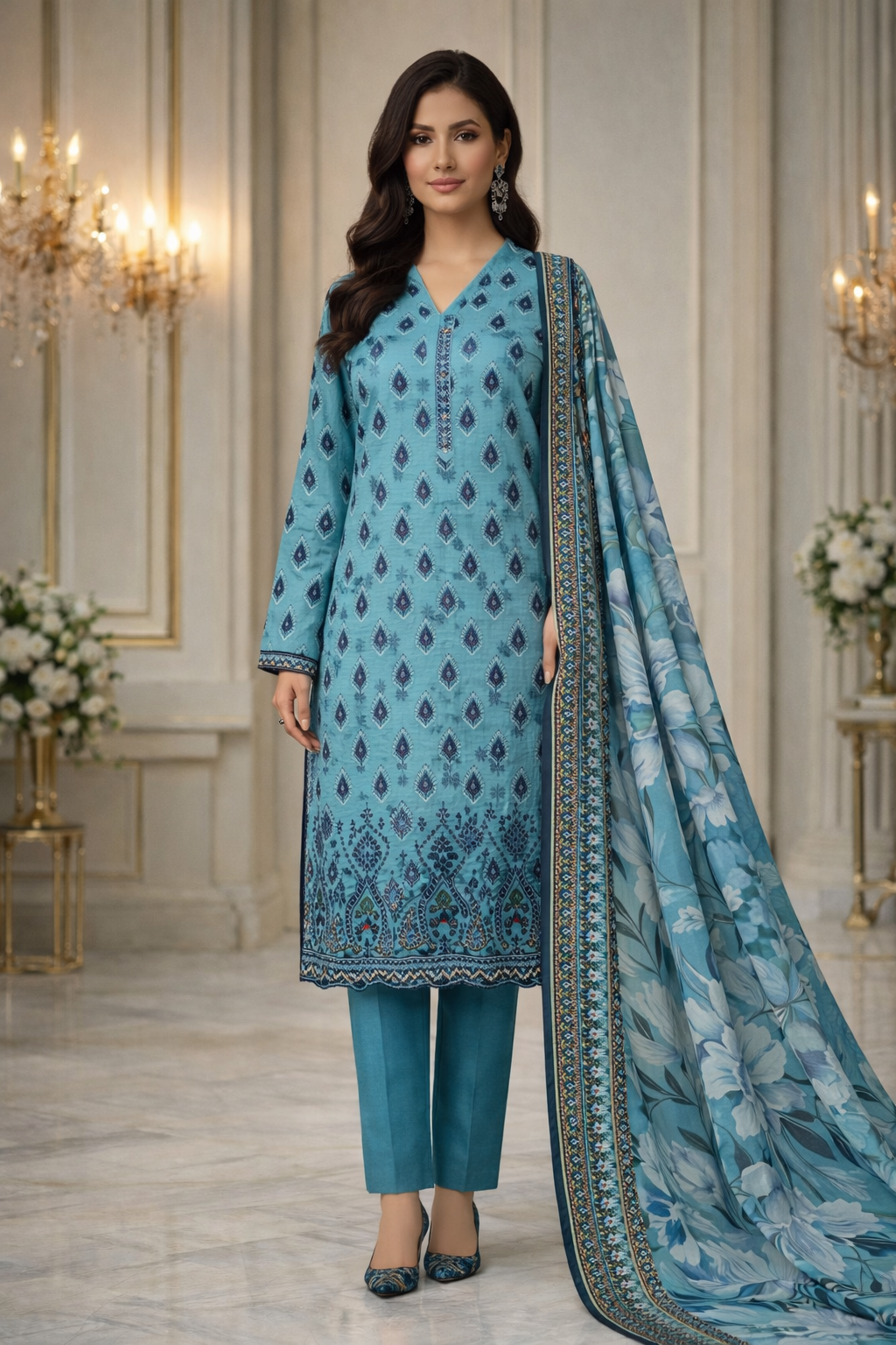 Luxury Printed & Embroidered 3-Piece Suit – Teal Blue (Unstitched)