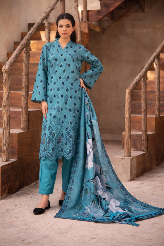 Luxury Printed & Embroidered 3-Piece Suit – Teal Blue (Unstitched)